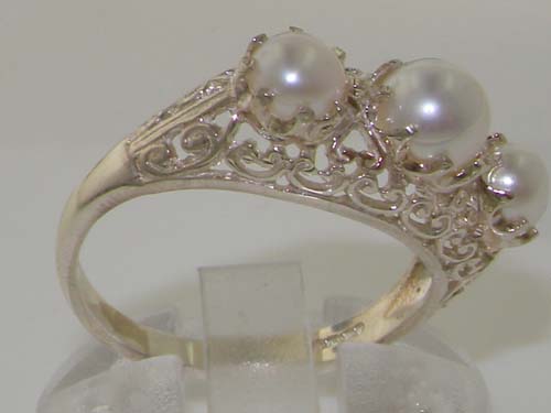 The Great British Jeweler Solid 9K White Gold Genuine Natural Pearl English Filigree Trilogy Band Ring - Finger Sizes 4 to 12 Available