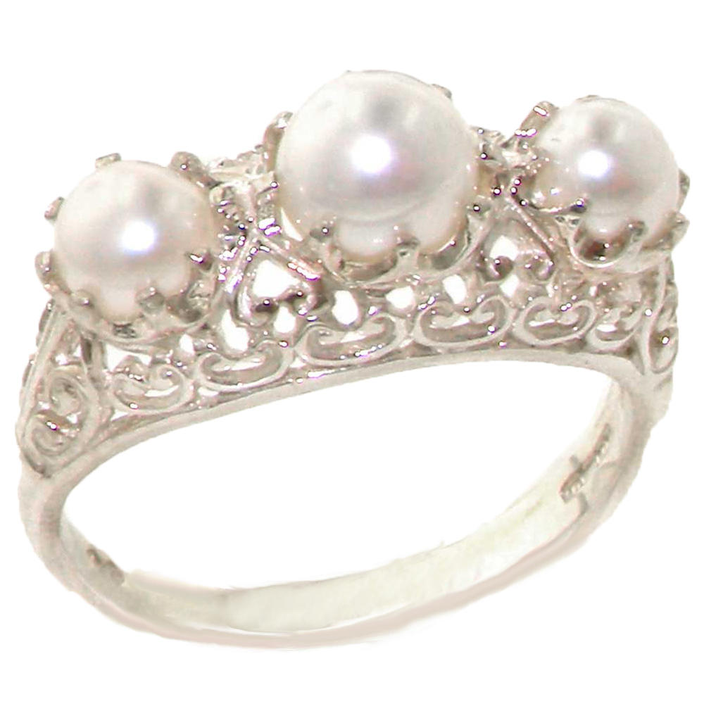 The Great British Jeweler Solid 9K White Gold Genuine Natural Pearl English Filigree Trilogy Band Ring - Finger Sizes 4 to 12 Available