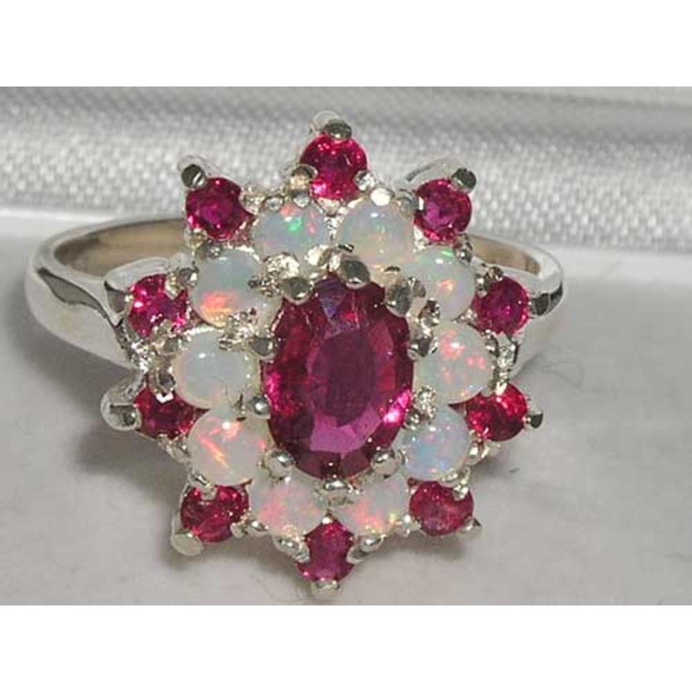 The Great British Jeweler Fabulous Solid White 9K Gold Natural Ruby & Fiery Opal 3 Tier Large Cluster Ring - Finger Sizes 5 to 12 Available