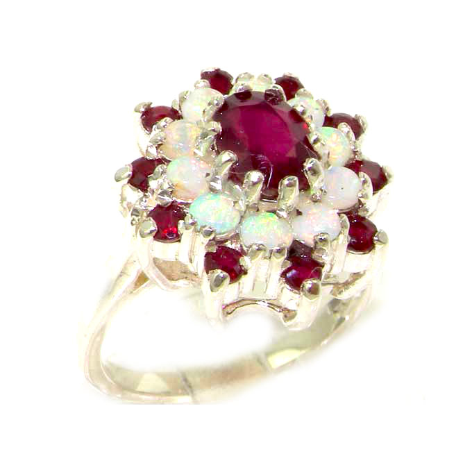 The Great British Jeweler Fabulous Solid White 9K Gold Natural Ruby & Fiery Opal 3 Tier Large Cluster Ring - Finger Sizes 5 to 12 Available