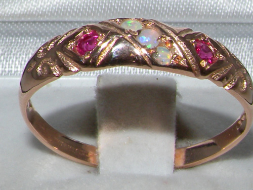 The Great British Jeweler Luxury 9K Rose Gold Womens Opal & Ruby Vintage Style Eternity Band Ring - Finger Sizes 4 to 12 Available