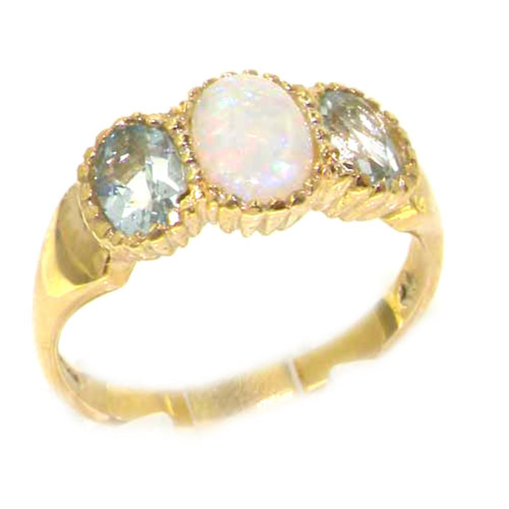 The Great British Jeweler Luxury 9K Yellow Gold Womens Fiery Opal & Aquamarine English Victorian Style Ring - Finger Sizes 5 to 12 Available