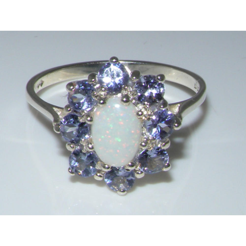 The Great British Jeweler Luxury Ladies Solid White 9K Gold Natural Opal & Tanzanite Cluster Ring - Finger Sizes 5 to 12 Available