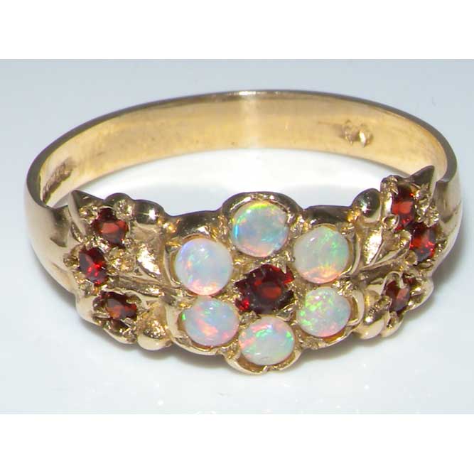 The Great British Jeweler Luxury 9K Yellow Gold Womens Garnet & Fiery Opal English Made Victorian Style Eternity Ring - Finger Sizes 5 to 12 Available