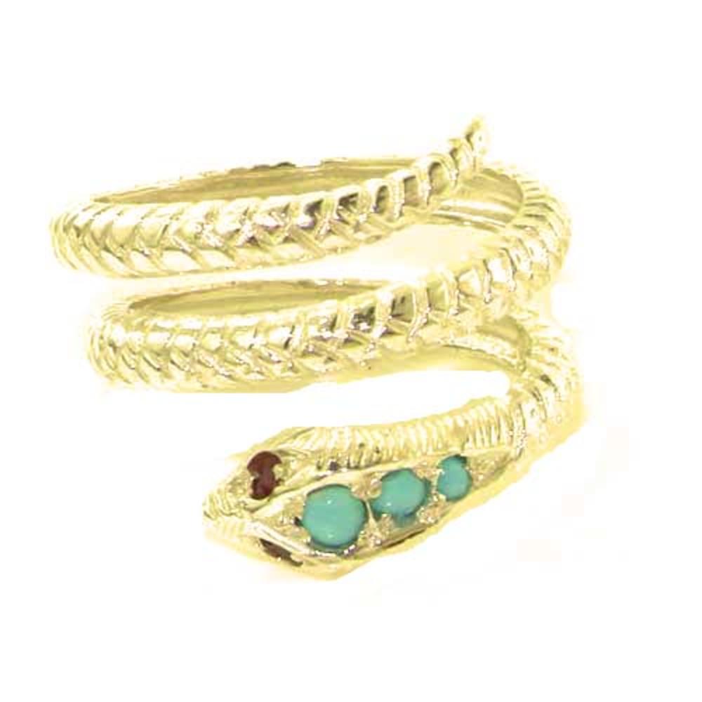 The Great British Jeweler Fabulous Solid 14K Yellow Gold Natural Turquoise & Ruby Detailed Snake Ring - Finger Sizes 5 to 12 Available