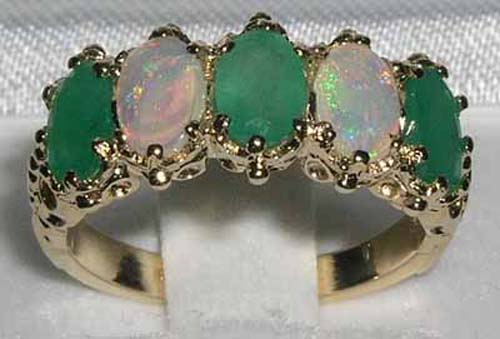 The Great British Jeweler Victorian Design Solid 14K Yellow Gold Emerald & Opal Band Ring - Finger Sizes 5 to 12 Available