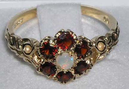 The Great British Jeweler Victorian Ladies Solid Yellow 9K Gold Natural Fiery Opal & Garnet Daisy Ring - Finger Sizes 5 to 12 Available