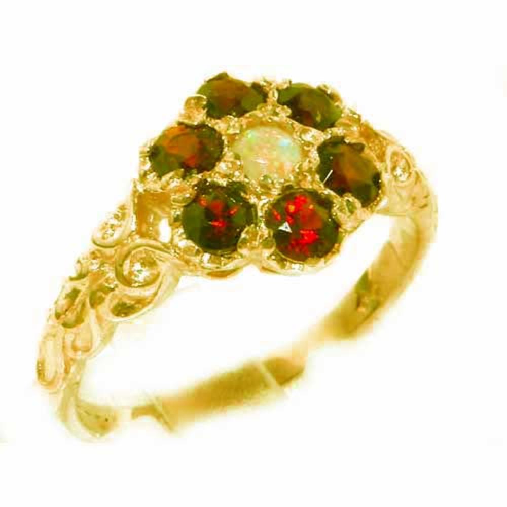 The Great British Jeweler Victorian Ladies Solid Yellow 9K Gold Natural Fiery Opal & Garnet Daisy Ring - Finger Sizes 5 to 12 Available