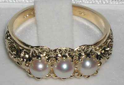 The Great British Jeweler Solid 9K Gold Genuine Natural Pearl Womens Trilogy Band Ring - Finger Sizes 4 to 12 Available