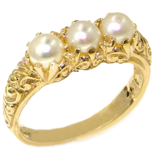 The Great British Jeweler Solid 9K Gold Genuine Natural Pearl Womens Trilogy Band Ring - Finger Sizes 4 to 12 Available