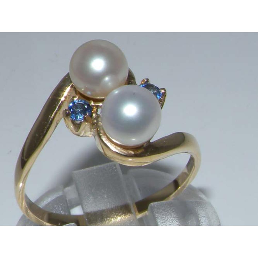 The Great British Jeweler 9K Yellow Gold Womens Lustrous Pearl & Ceylon Sapphire Swirl Ring - Finger Sizes 5 to 12 Available