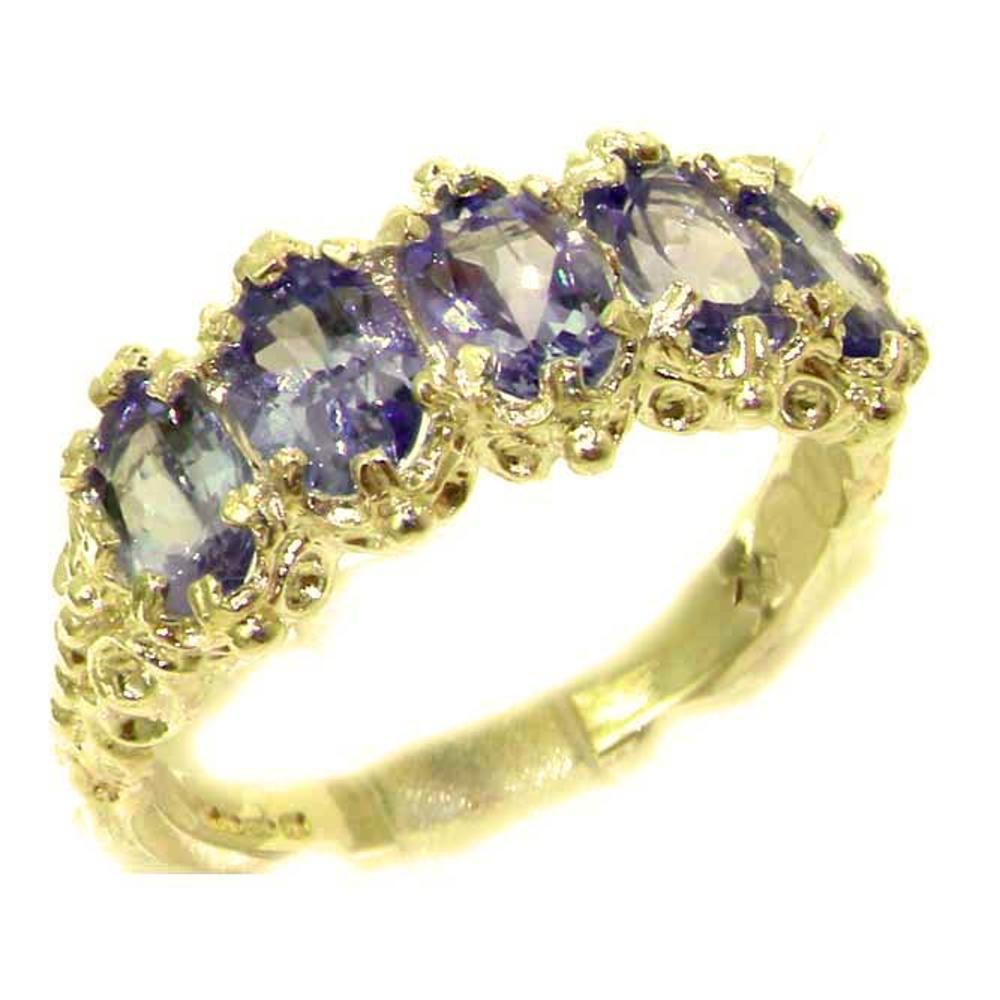 The Great British Jeweler Victorian Design Solid English Yellow 9K Gold Natural Tanzanite Band Ring - Finger Sizes 5 to 12 Available