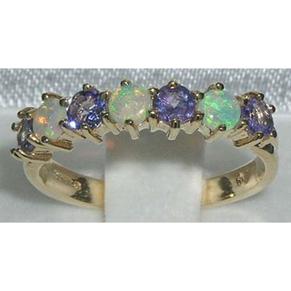 The Great British Jeweler 14K Yellow Gold Ladies Colorful Fiery Opal & Tanzanite Anniversary Eternity Ring - Finger Sizes 5 to 12 Available