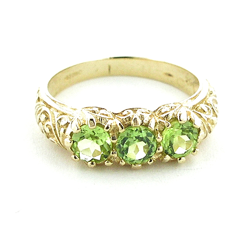 The Great British Jeweler Luxury Solid Yellow 9K Gold Natural Peridot Art Nouveau Carved Trilogy Ring - Finger Sizes 5 to 12 Available