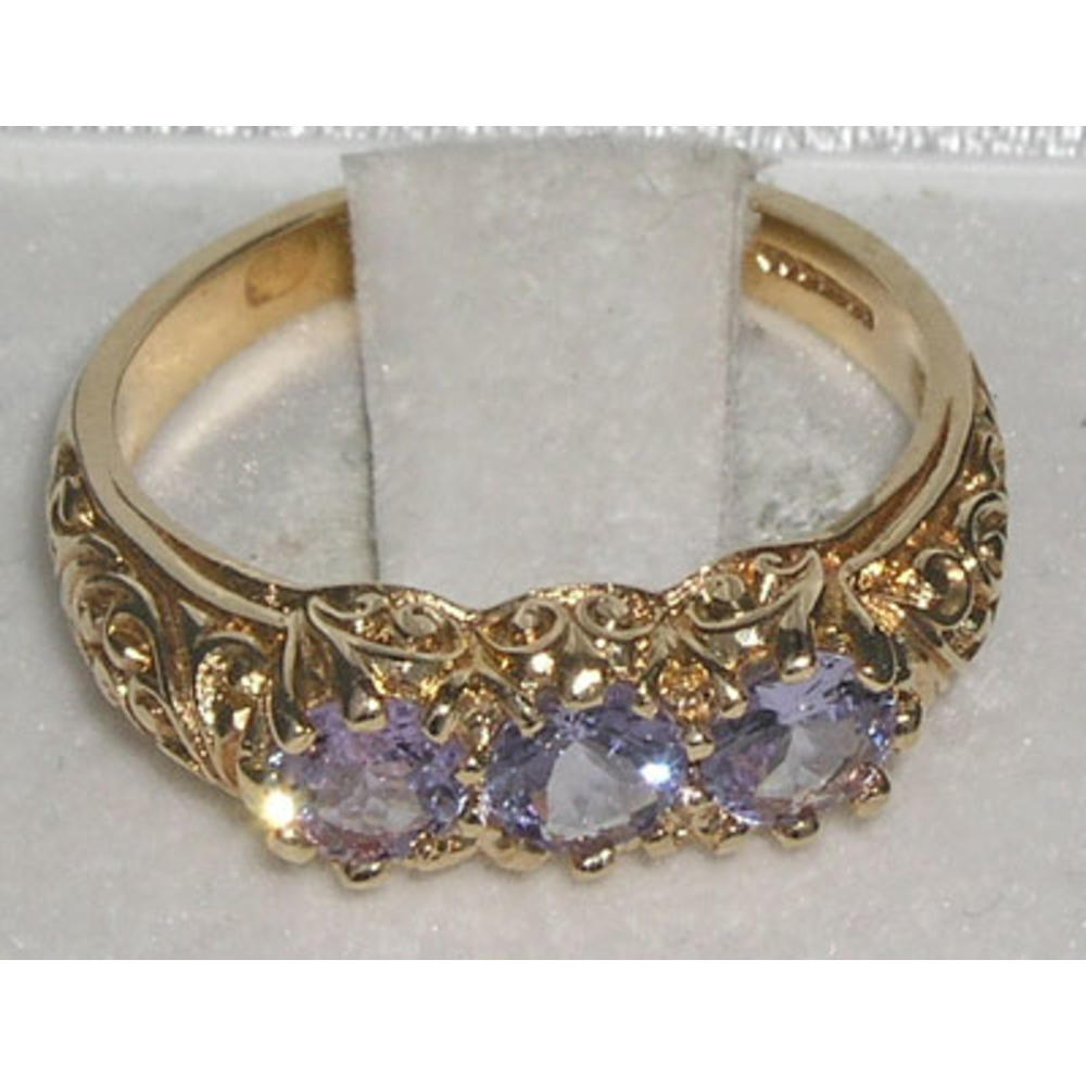The Great British Jeweler Luxury Solid Yellow 9K Gold Natural Tanzanite Art Nouveau Carved Trilogy Ring - Finger Sizes 5 to 12 Available