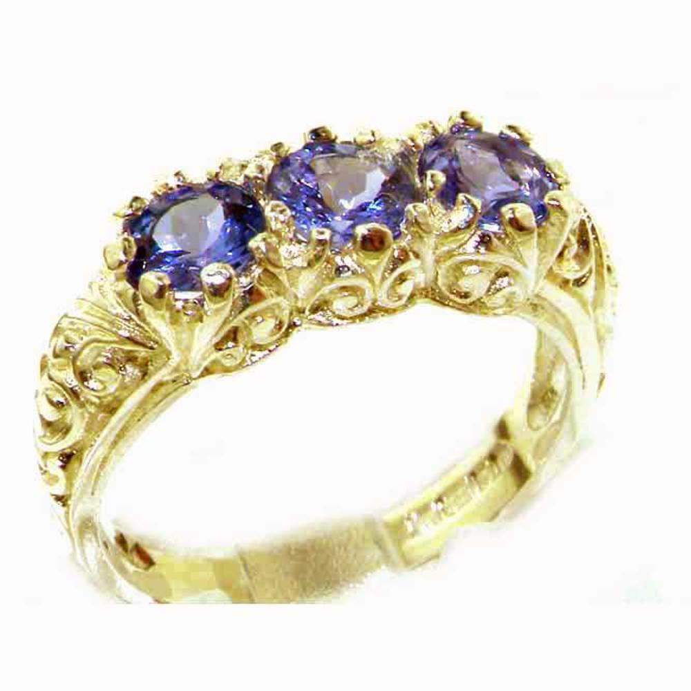 The Great British Jeweler Luxury Solid Yellow 9K Gold Natural Tanzanite Art Nouveau Carved Trilogy Ring - Finger Sizes 5 to 12 Available