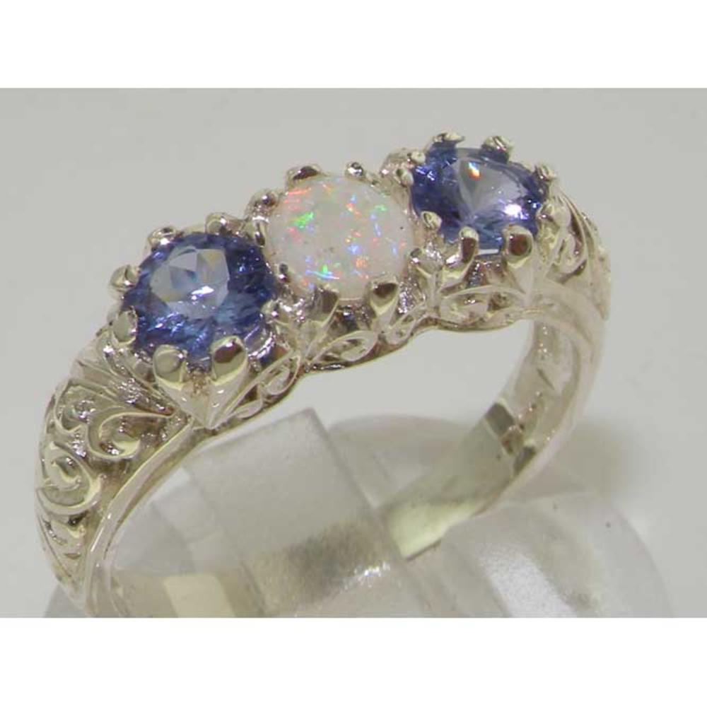 The Great British Jeweler Luxury Solid White 9K Gold Natural Opal & Tanzanite Art Nouveau Carved Trilogy Ring - Finger Sizes 5 to 12 Available