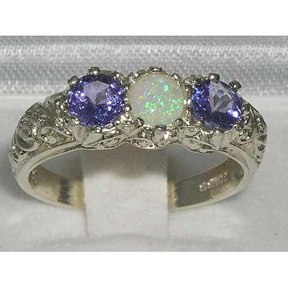 The Great British Jeweler Luxury Solid White 9K Gold Natural Opal & Tanzanite Art Nouveau Carved Trilogy Ring - Finger Sizes 5 to 12 Available