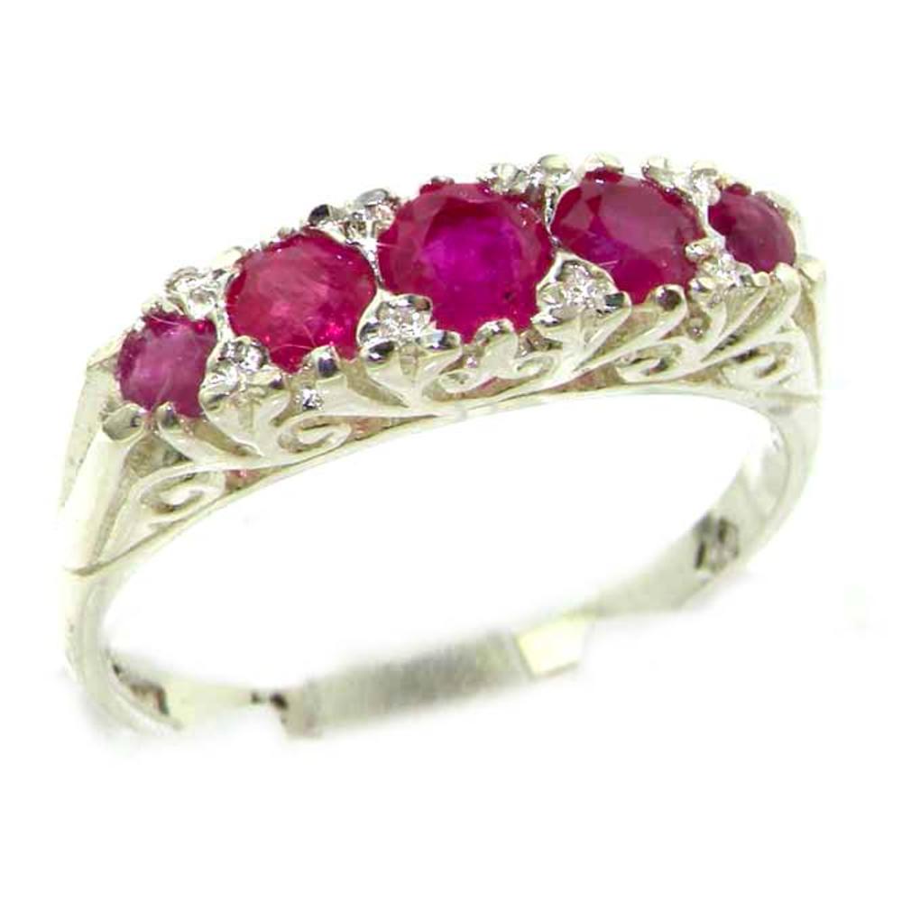 The Great British Jeweler Luxury Solid White 9K Gold Natural Red Ruby Victorian Style Eternity Ring - Finger Sizes 5 to 12 Available