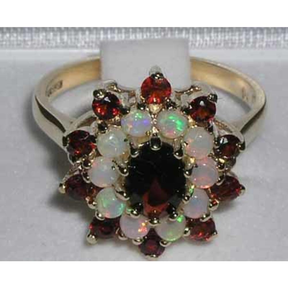The Great British Jeweler Fabulous Solid 14K Yellow Gold Natural Garnet & Fiery Opal 3 Tier Large Cluster Ring - Finger Sizes 5 to 12 Available
