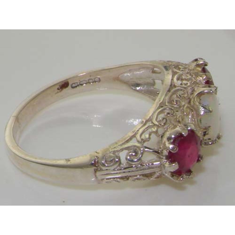The Great British Jeweler Solid 9K White Gold Genuine Natural Ruby & Opal English Filigree Trilogy Band Ring - Finger Sizes 4 to 12 Available