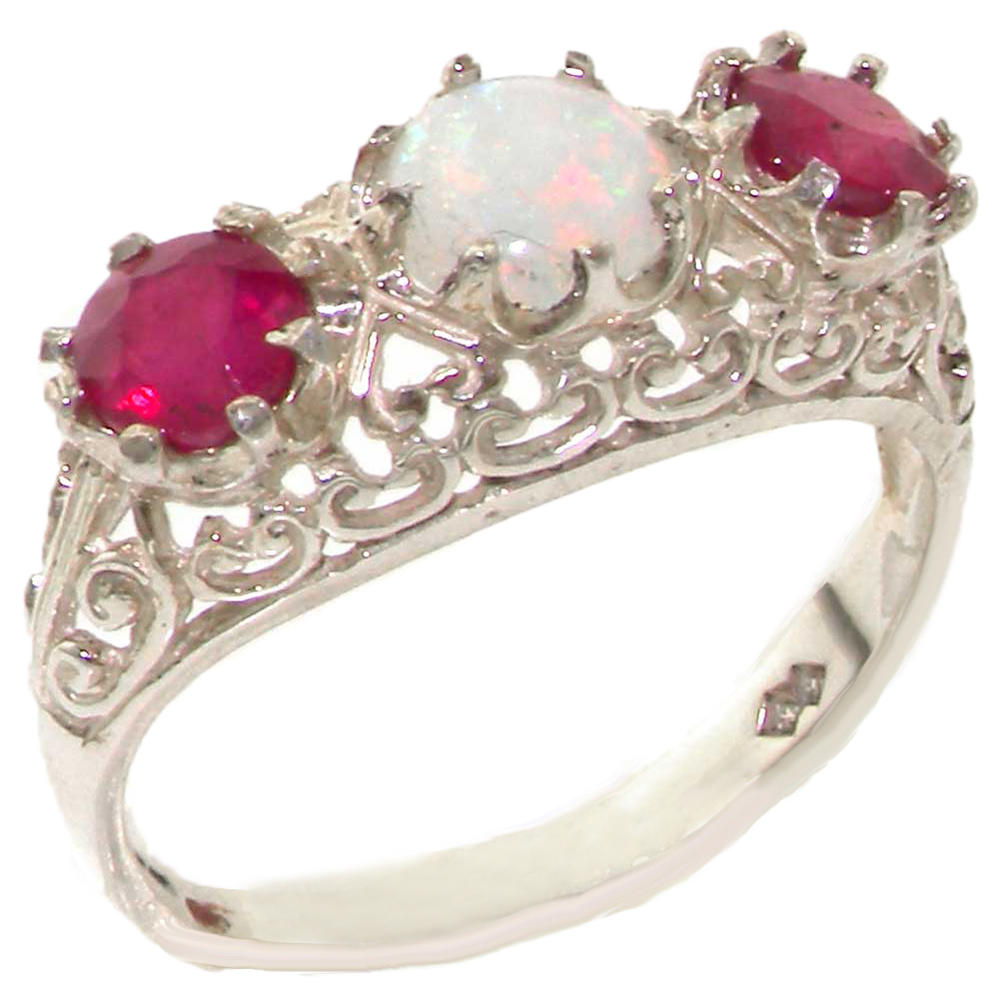 The Great British Jeweler Solid 9K White Gold Genuine Natural Ruby & Opal English Filigree Trilogy Band Ring - Finger Sizes 4 to 12 Available