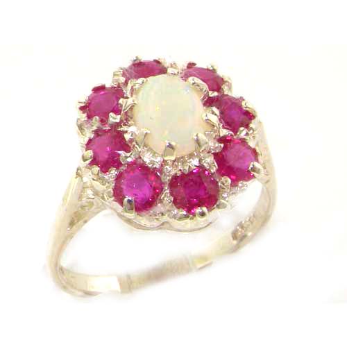 The Great British Jeweler Luxury Ladies Solid White 9K Gold Natural Opal & Ruby Large Cluster Ring - Finger Sizes 5 to 12 Available