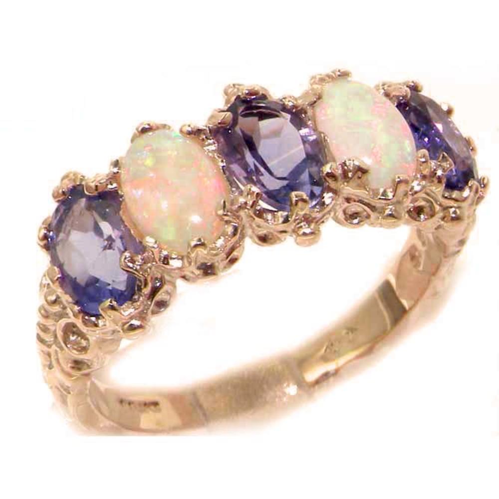 The Great British Jeweler Victorian Design Solid English Rose 9K Gold Natural Amethyst & Fiery Opal Band Ring - Finger Sizes 5 to 12 Available