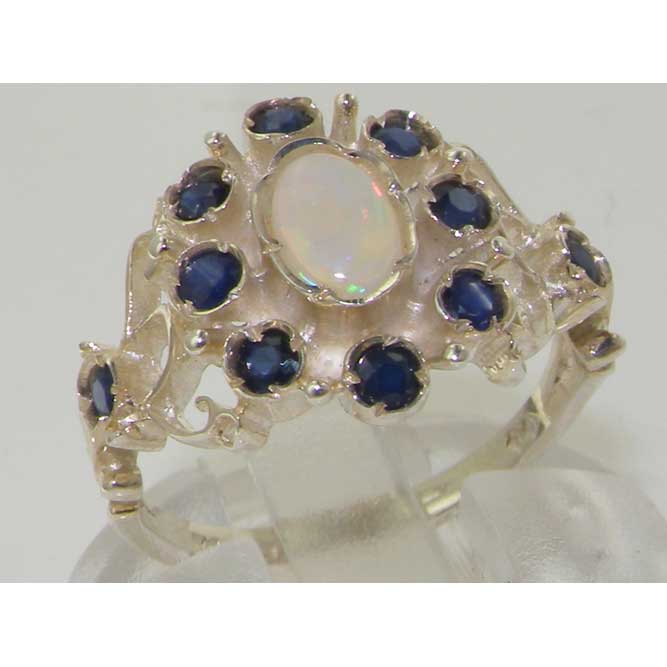 The Great British Jeweler Unusual Solid 14K White Gold Natural Opal & Sapphire Ring with English Hallmarks - Finger Sizes 5 to 12 Available