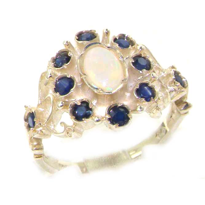 The Great British Jeweler Unusual Solid 14K White Gold Natural Opal & Sapphire Ring with English Hallmarks - Finger Sizes 5 to 12 Available