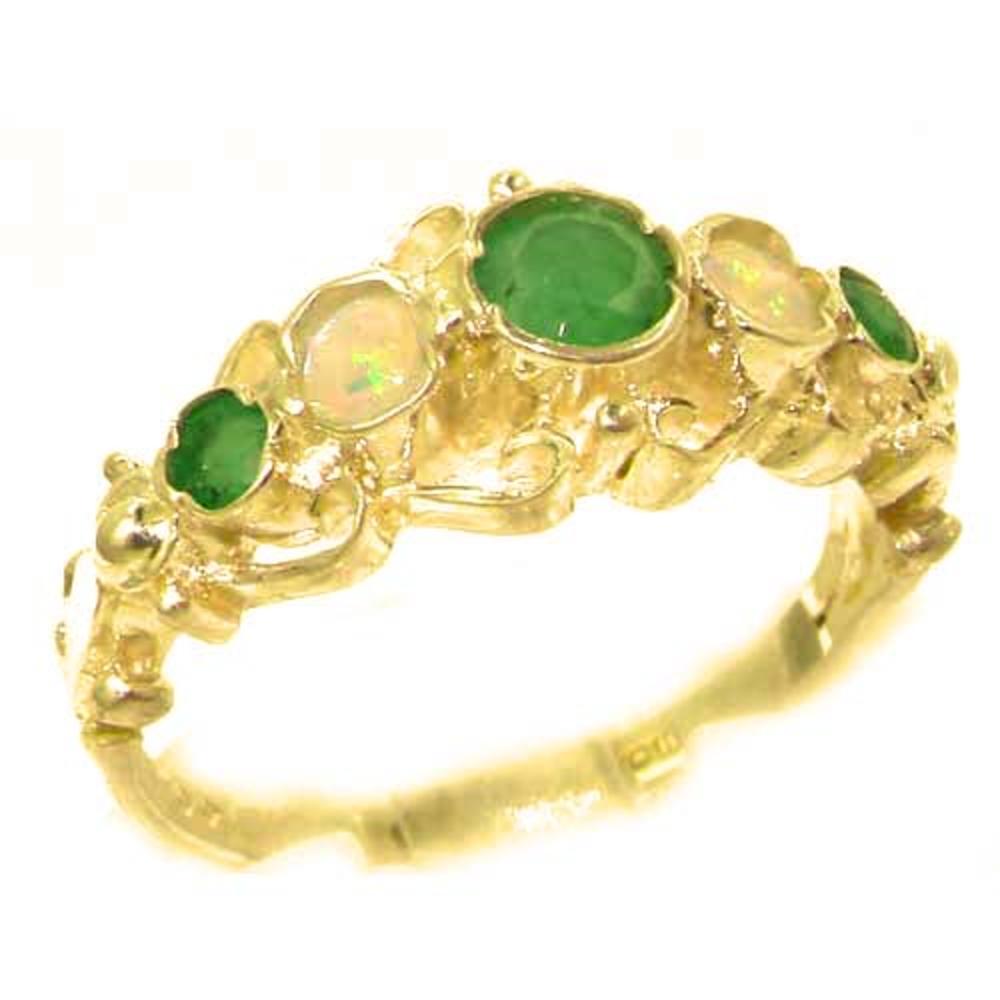 The Great British Jeweler Solid Yellow 9K Gold Genuine Natural Emerald & Opal Ring of English Georgian Design - Finger Sizes 5 to 12 Available