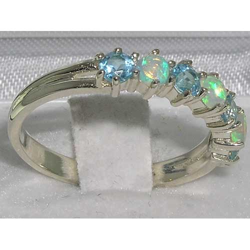 The Great British Jeweler High Quality Solid 14K White Gold Natural Fiery Opal & Blue Topaz Eternity Ring - Finger Sizes 5 to 12 Available