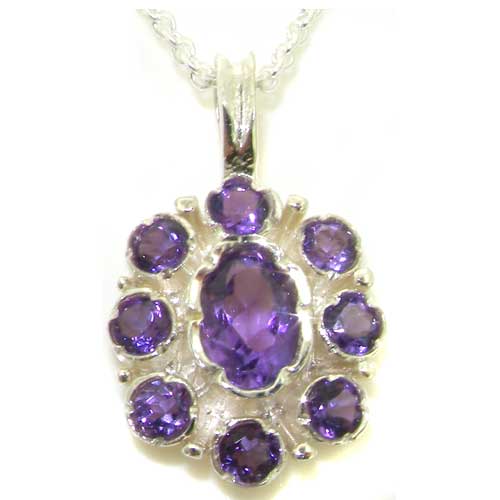 The Great British Jeweler Unusual Luxury Ladies Solid White 9K Gold Natural Amethyst Pendant Necklace - 16" 18" or 20" Chainwith English Hallmarks