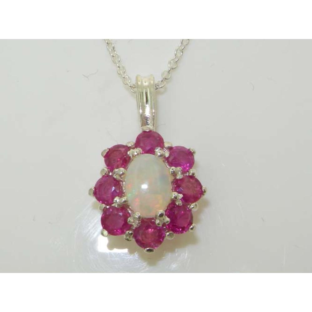 The Great British Jeweler Luxury Ladies Solid White 9K Gold Ornate Large Natural Fiery Opal and Ruby Cluster Pendant Necklace - 16" 18" or 20" Chain