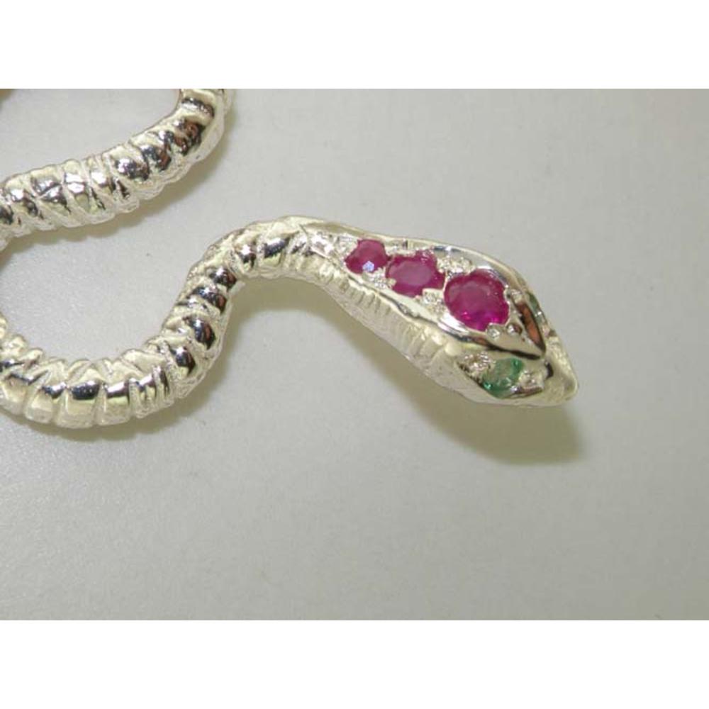 The Great British Jeweler Luxury Ladies Solid White 9K Gold Natural Ruby & Emerald Detailed Snake Pendant Necklace - 16" 18" or 20" Chain