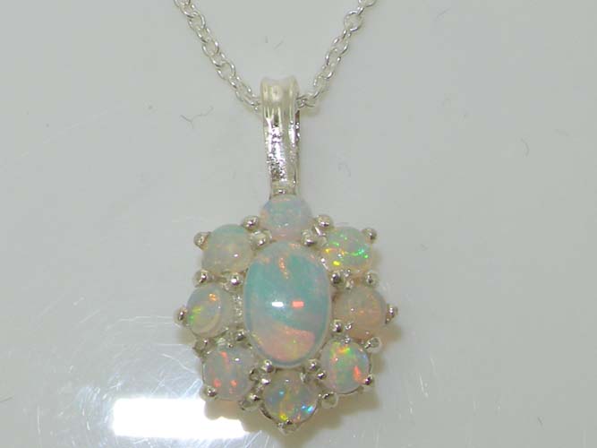 The Great British Jeweler Luxury Ladies Solid White 9K Gold Ornate Large Natural Fiery Opal Cluster Pendant Necklace - 16" 18" or 20" Chain