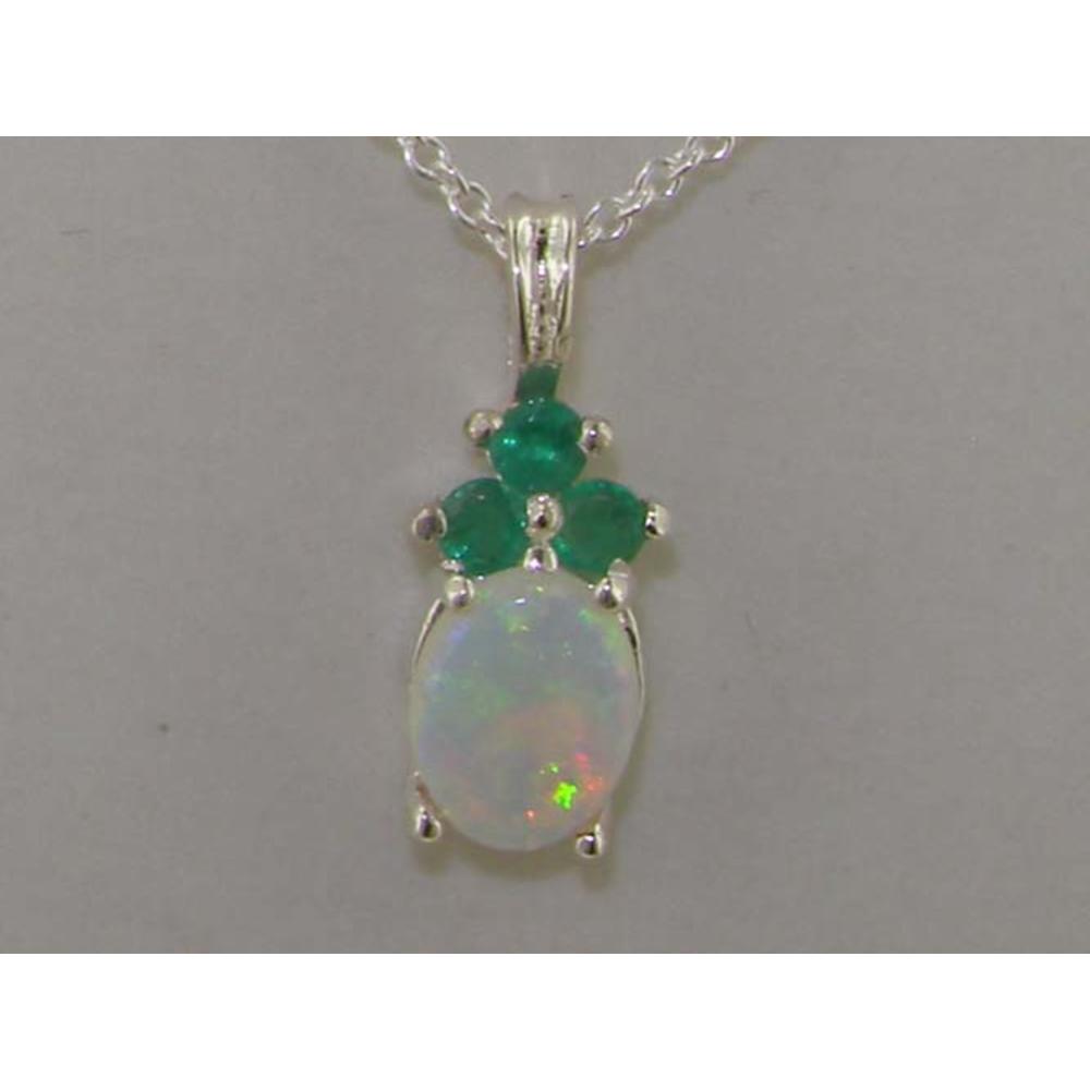 The Great British Jeweler Luxury Ladies Solid White 9K Gold Natural Opal and Emerald Contemporary Pendant Necklace - 16" 18" or 20" Chain