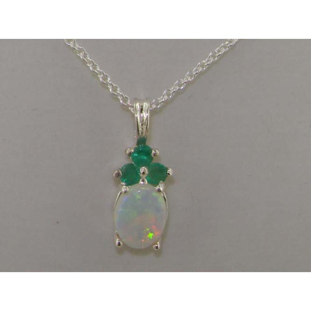 The Great British Jeweler Luxury Ladies Solid White 9K Gold Natural Opal and Emerald Contemporary Pendant Necklace - 16" 18" or 20" Chain
