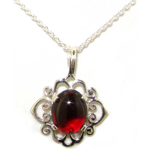 The Great British Jeweler Luxury Ladies Solid White 9K Gold Ornate 9x7mm Vibrant Natural Cabochon Garnet Pendant Necklace - 16" 18" or 20" Chain