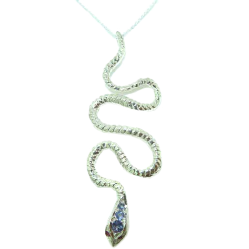 The Great British Jeweler Luxury Ladies Solid White 9K Gold Natural Tanzanite & Ruby Detailed Snake Pendant Necklace - 16" 18" or 20" Chain