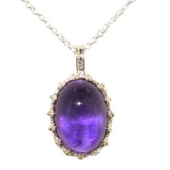 The Great British Jeweler Luxury Ladies Solid White 9K Gold Cabochon Amethyst Vintage Pendant Necklace - 16" 18" or 20" Chain