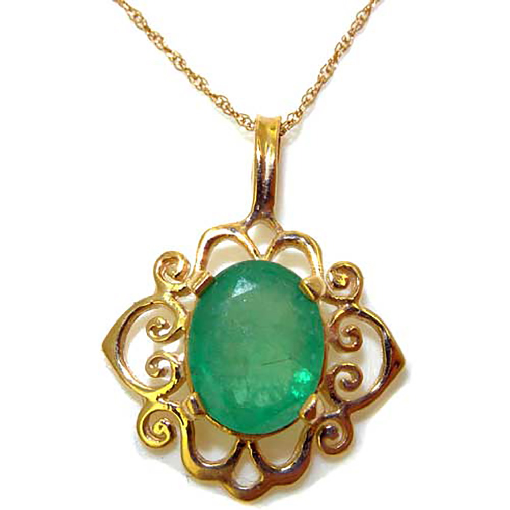 The Great British Jeweler Luxury Womens Solid Yellow 9K Gold Ornate 9x7mm Natural Emerald Pendant Necklace