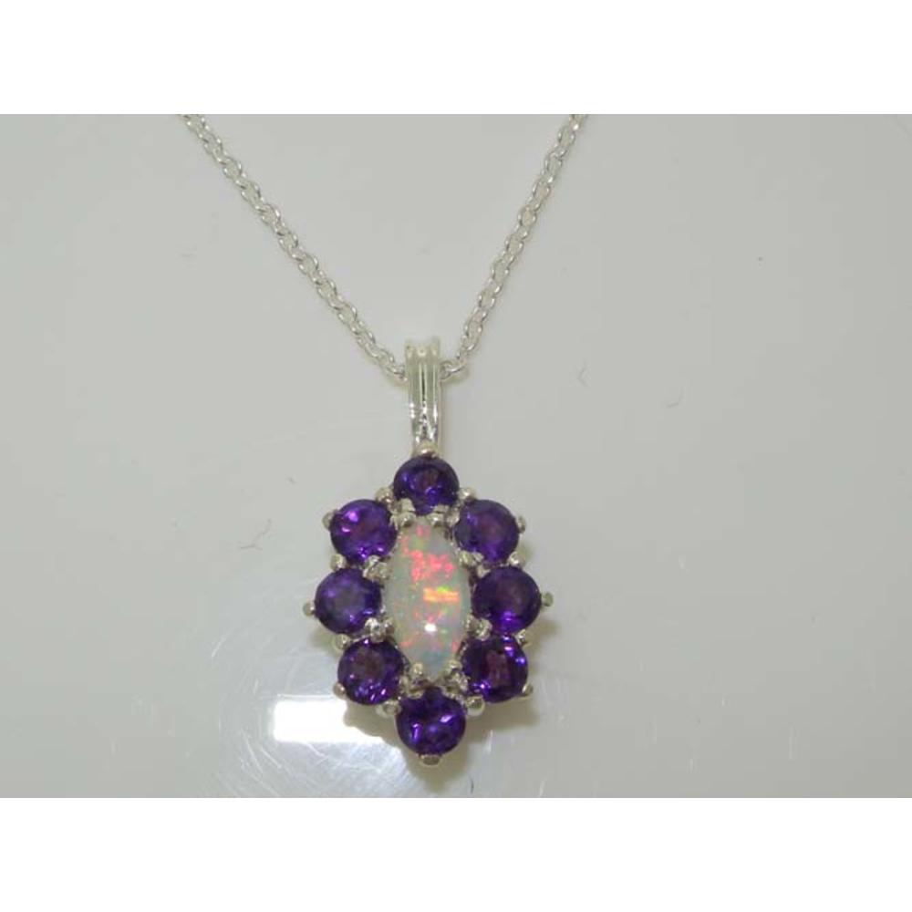 The Great British Jeweler Luxury Ladies Solid White 9K Gold Natural Opal & Amethyst Cluster Pendant Necklace - 16" 18" or 20" Chain