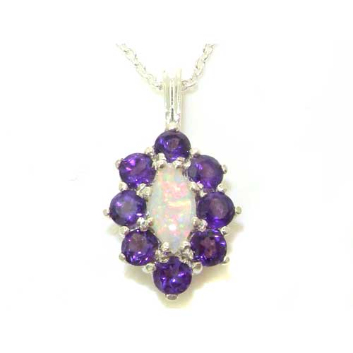 The Great British Jeweler Luxury Ladies Solid White 9K Gold Natural Opal & Amethyst Cluster Pendant Necklace - 16" 18" or 20" Chain