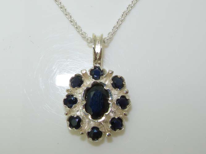 The Great British Jeweler Unusual Luxury Ladies Solid 925 Sterling Silver Natural Sapphire Pendant Necklace - 16" 18" or 20" Chain