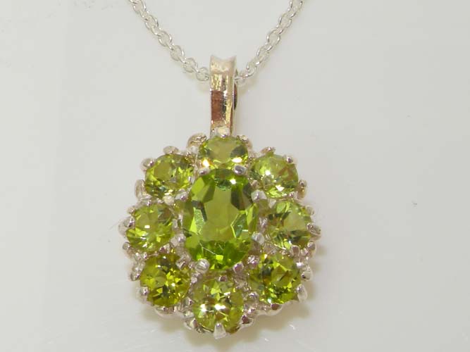 The Great British Jeweler Luxury Ladies Solid 925 Sterling Silver Natural Peridot Large Cluster Pendant Necklace - 16" 18" or 20" Chain