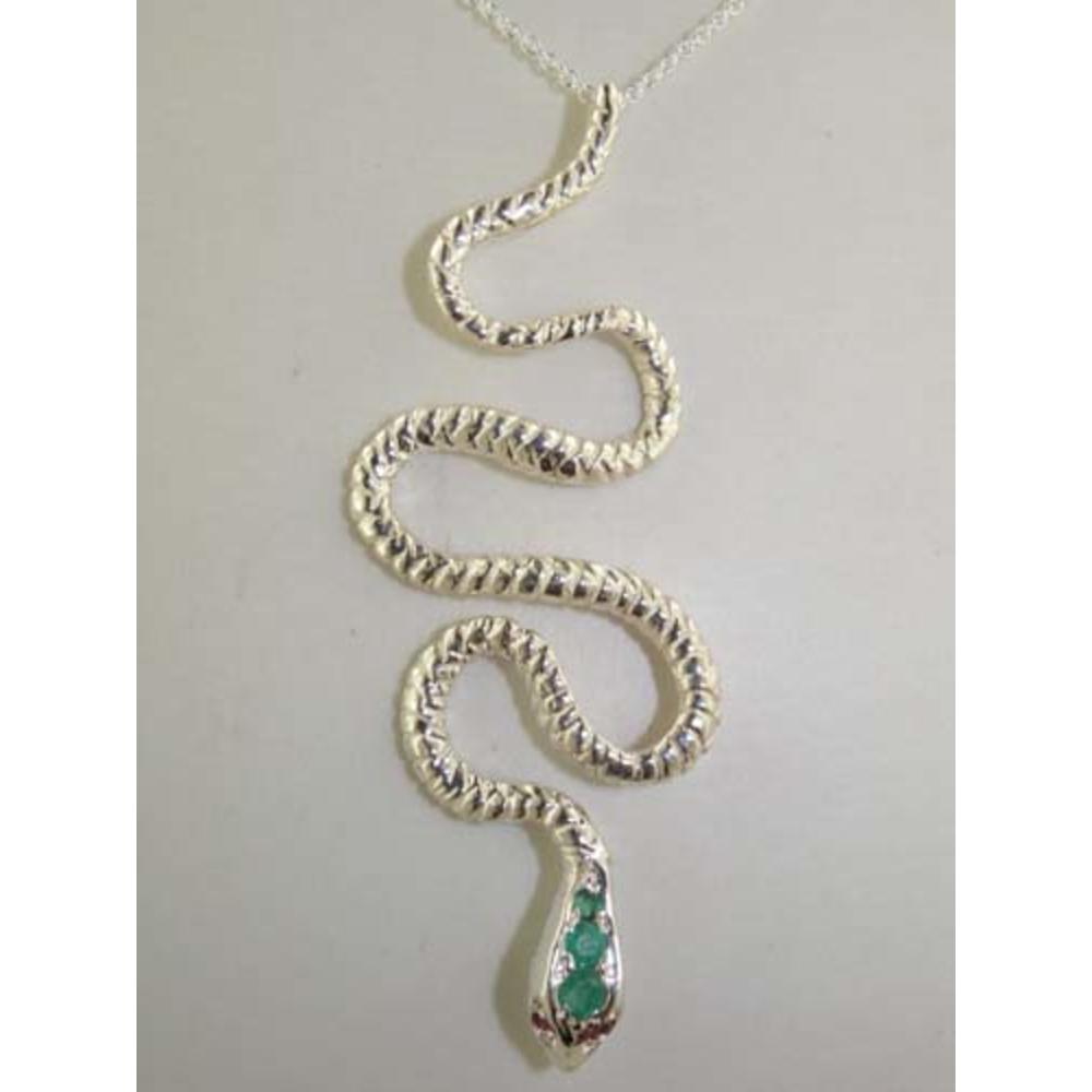 The Great British Jeweler Luxury Ladies Solid 925 Sterling Silver Natural Emerald & Ruby Detailed Snake Pendant Necklace - 16" 18" or 20" Chain