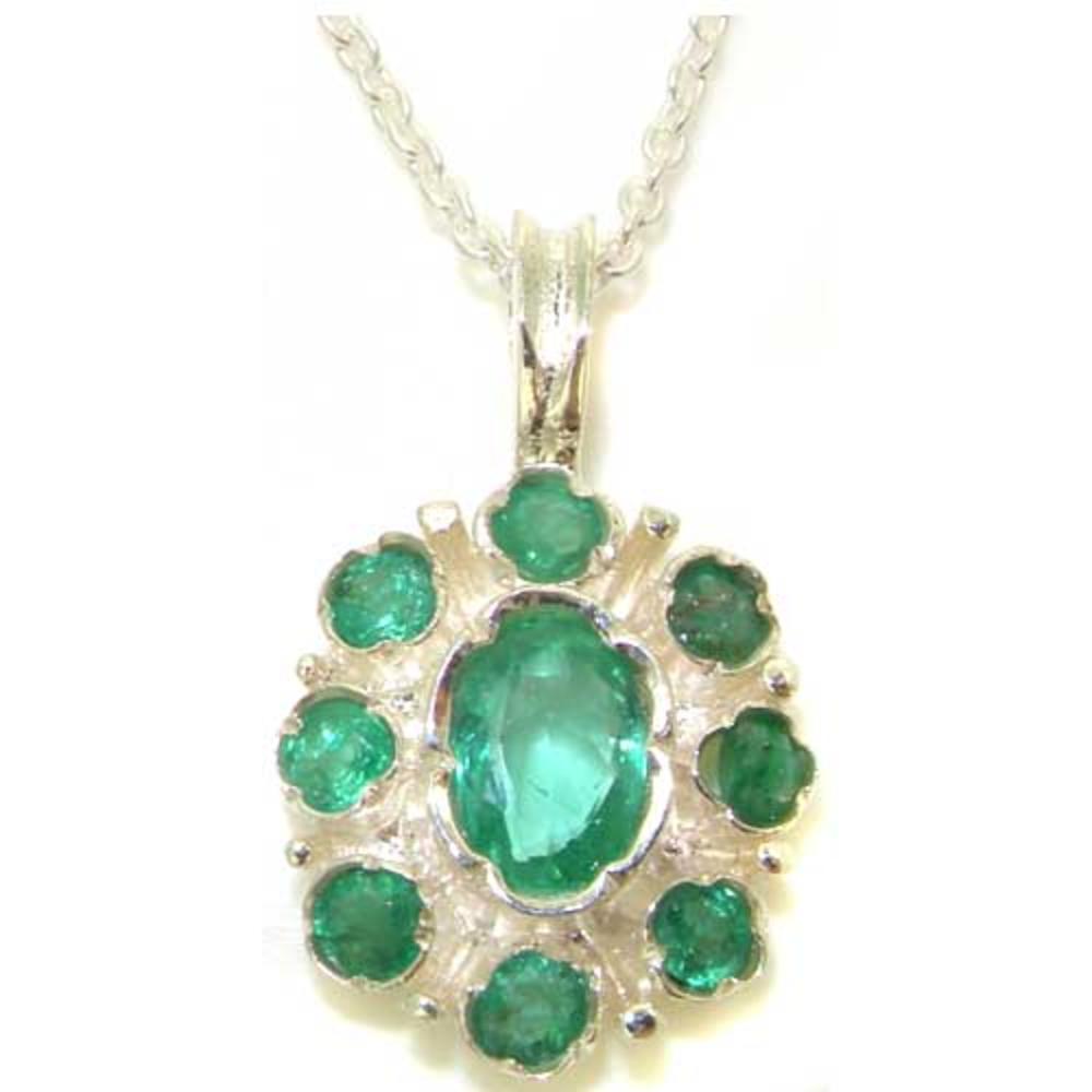 The Great British Jeweler Unusual Luxury Ladies Solid 925 Sterling Silver Natural Emerald Pendant Necklace - 16" 18" or 20" Chain