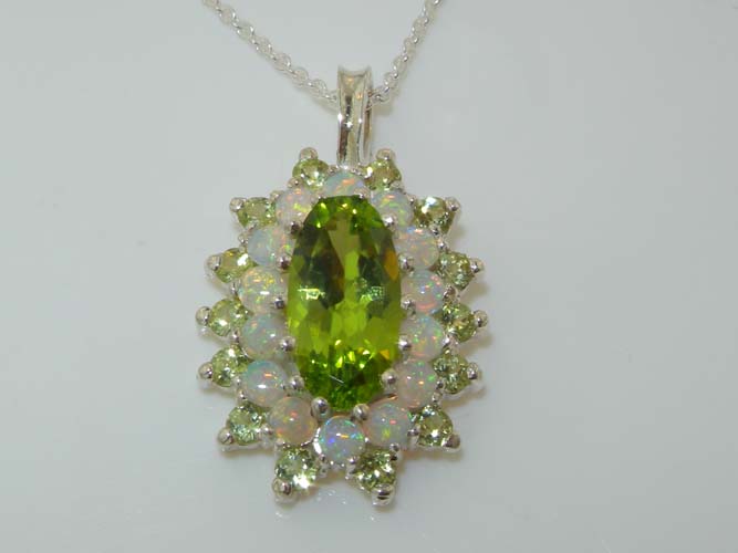 The Great British Jeweler Unusual Luxury Ladies Solid Sterling Silver Natural Large Peridot & Opal 3 Tier Cluster Pendant Necklace - 16" 18" or 20" Chain