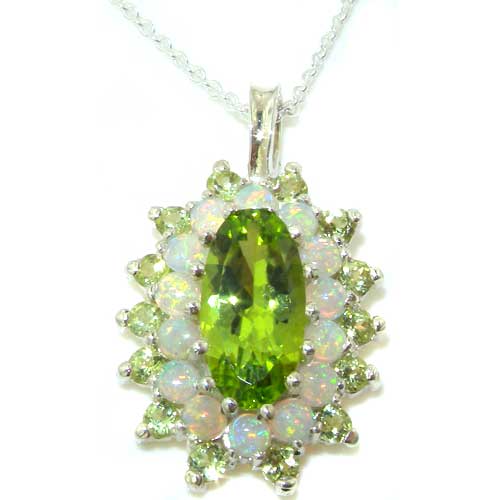 The Great British Jeweler Unusual Luxury Ladies Solid Sterling Silver Natural Large Peridot & Opal 3 Tier Cluster Pendant Necklace - 16" 18" or 20" Chain